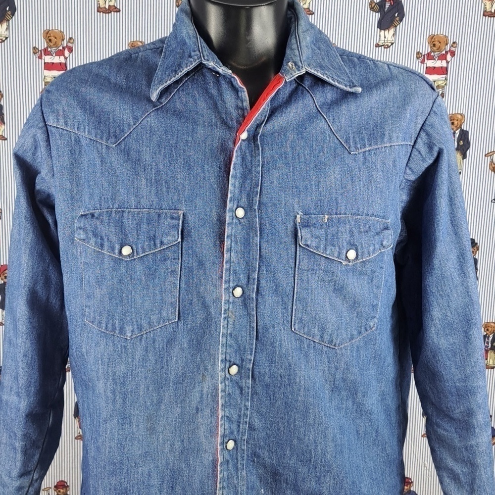 Vintage JCPenny pearlsnap lined dark wash denim work wear LG distress  jacket